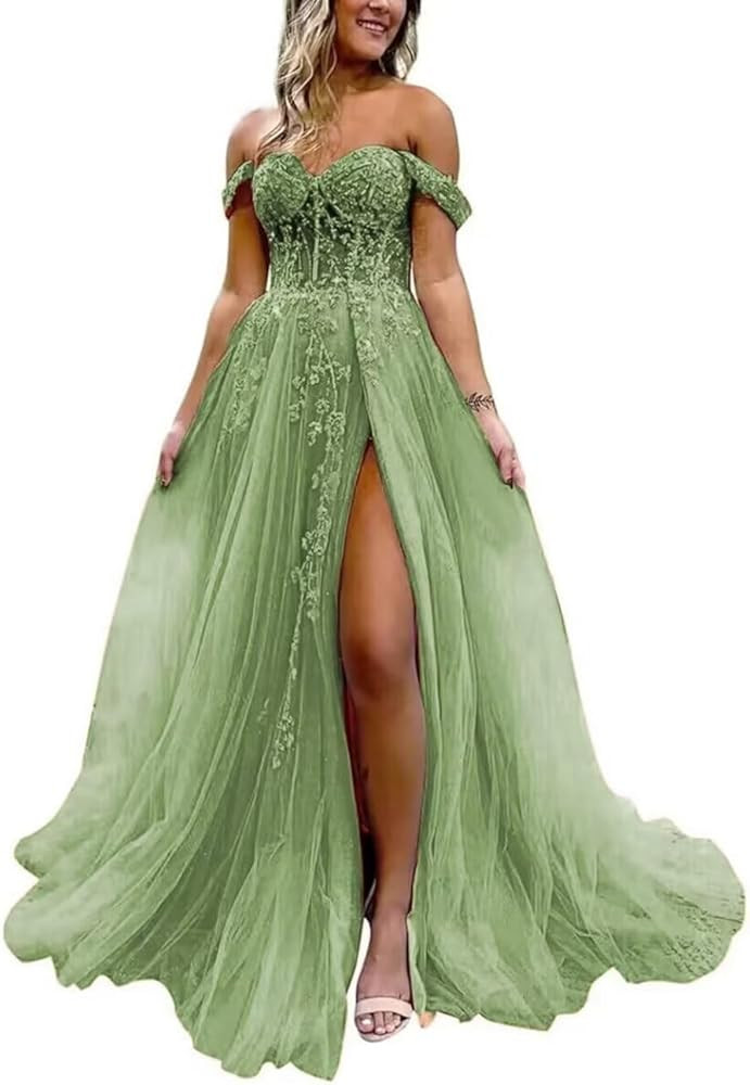 Off The Shoulder Tulle Prom Dress with Laces Applique A-line Slit Long Ball Gowns Glitter Formal ... | Amazon (US)