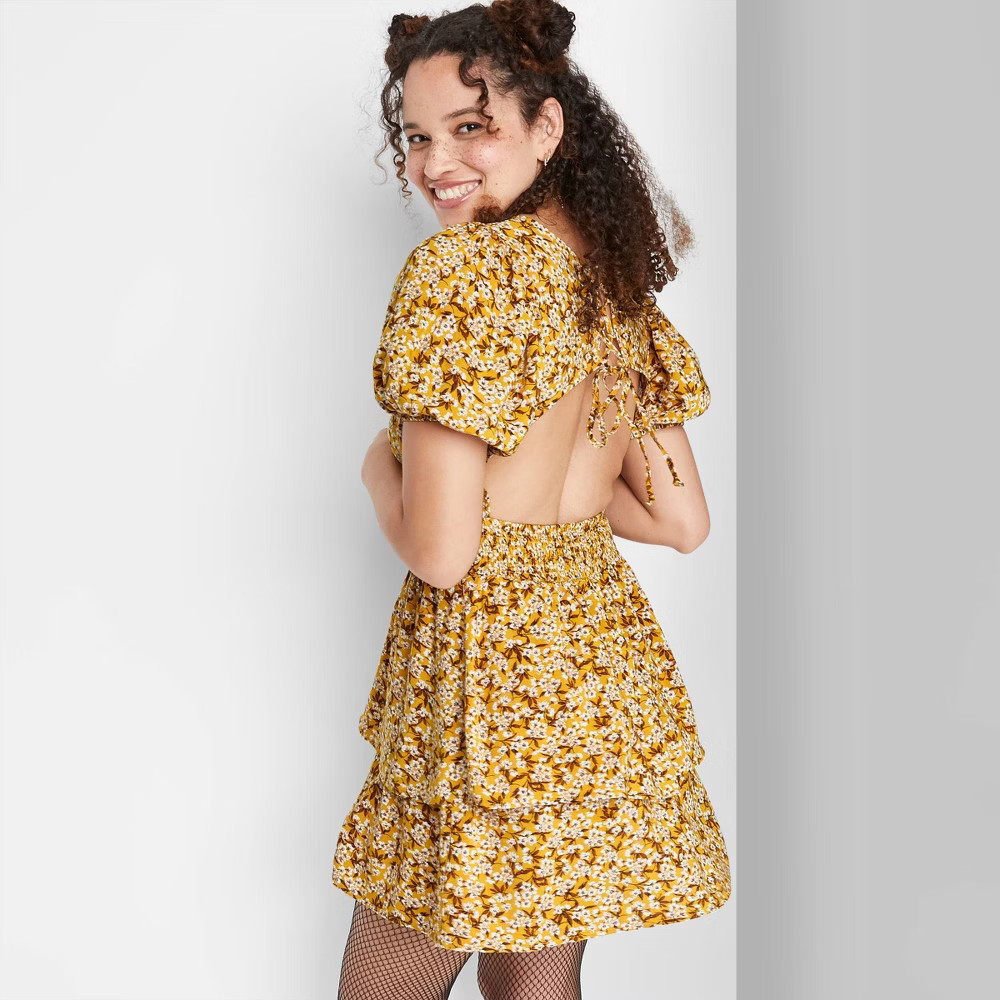 Women's Short Sleeve Open Back Tiered Skater Dress - Wild Fable Mustard Floral XXL | Target