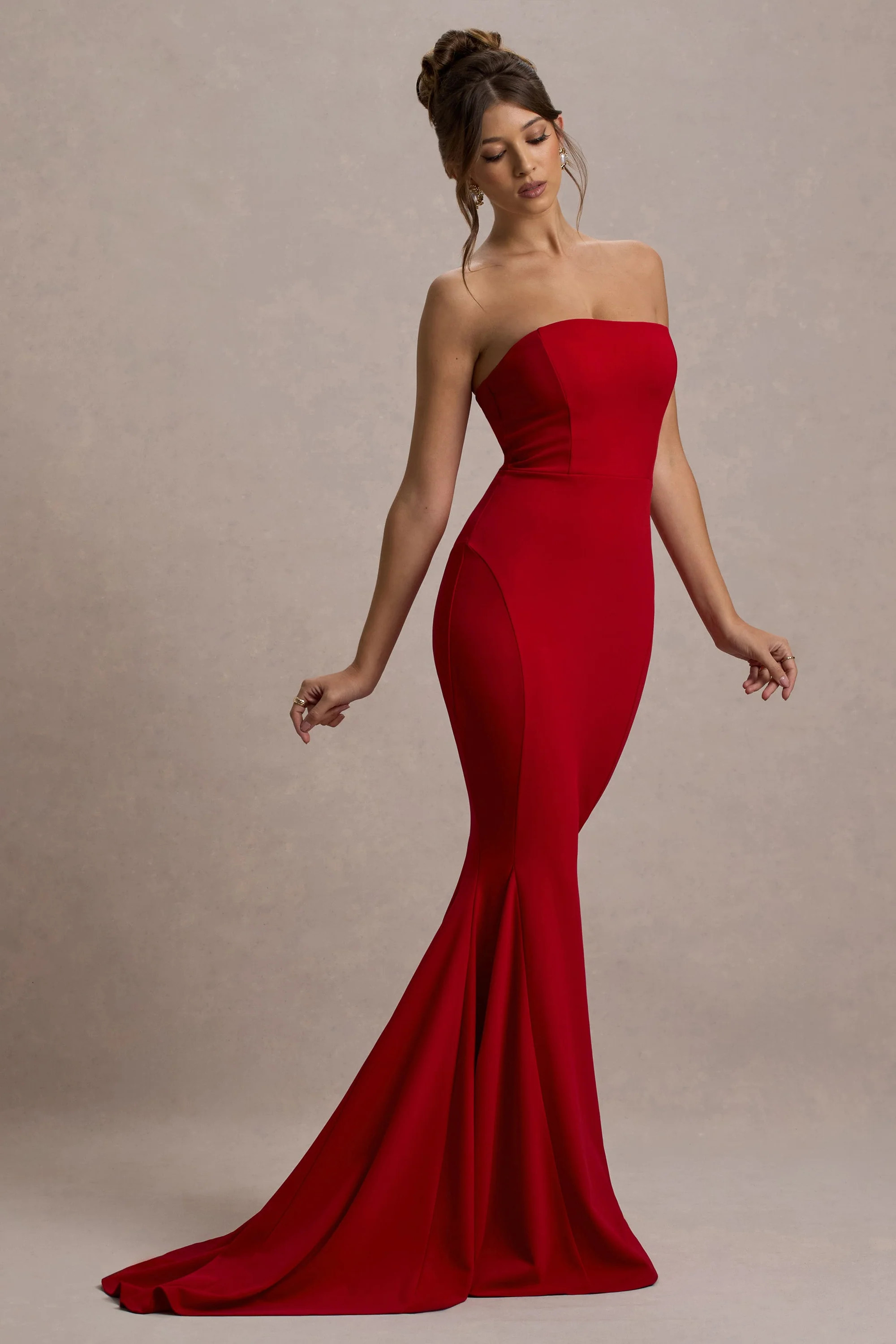 Impress Me  Red Strapless Bandeau Fishtail Maxi Dress | Club L London