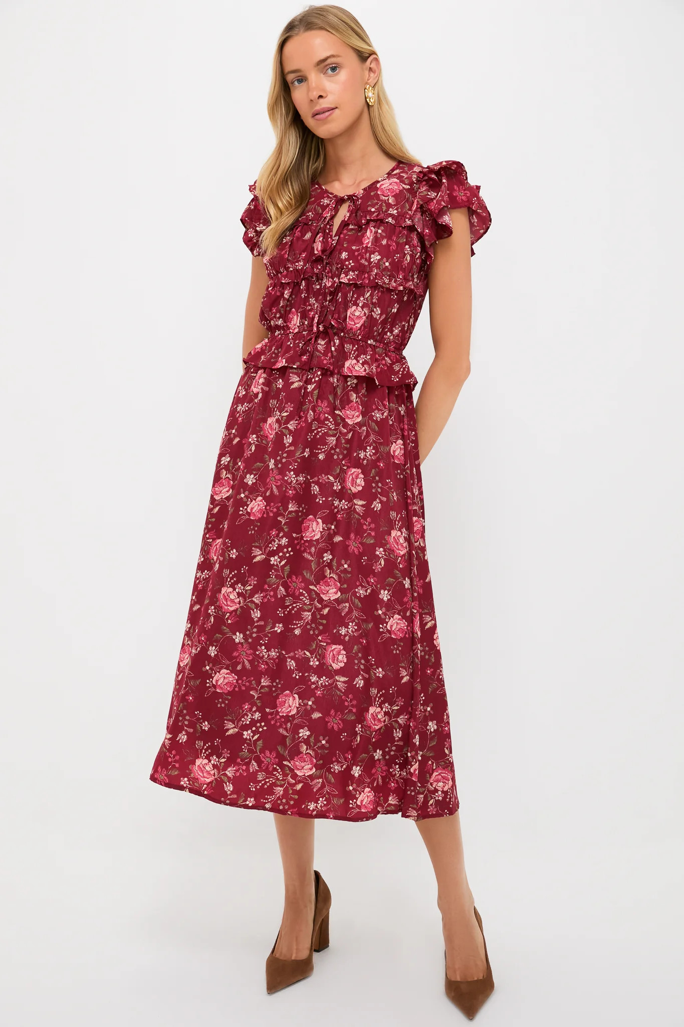 Oxblood Multi Floral Midi Dress | Tuckernuck (US)