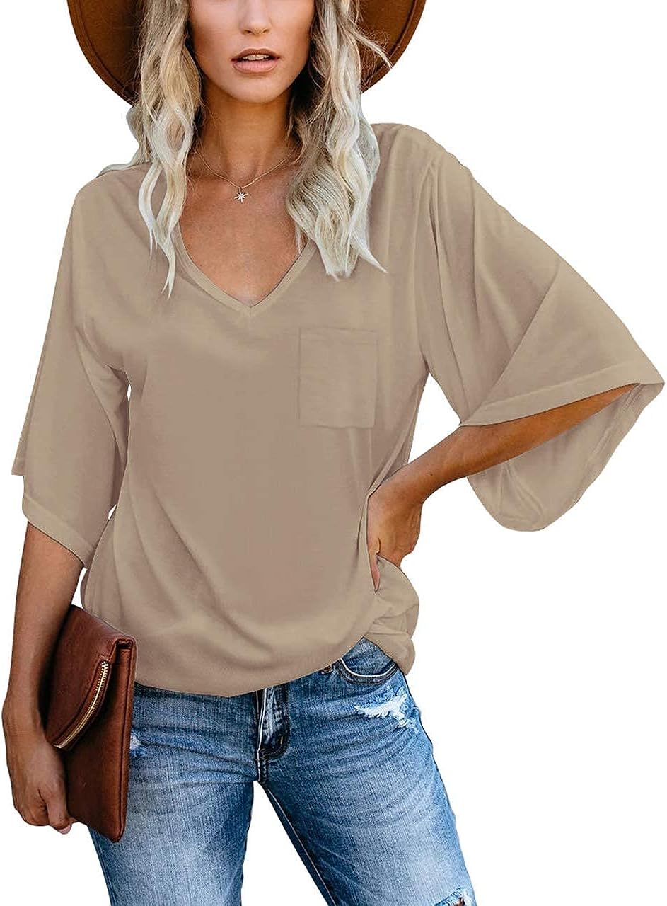 cordat Women's Blouse Summer Tops Loose V Neck Bust Pocket 3/4 Bell Sleeve T-Shirt | Amazon (US)