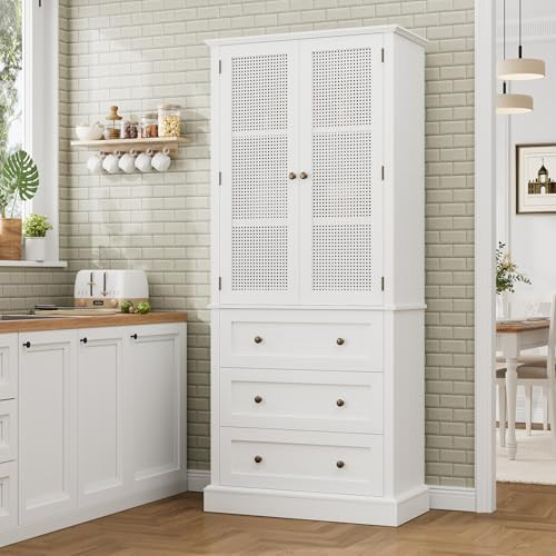 FACBOTALL 73" Tall Kitchen Pantry, Rattan Doors Pantry Cabinet with 3 Drawers and Adjustable Shelf, Large Wood Storage Cabinet, Rustic Wood Cupboard for Kitchen, Dining Room, Bathroom, White | Amazon (US)