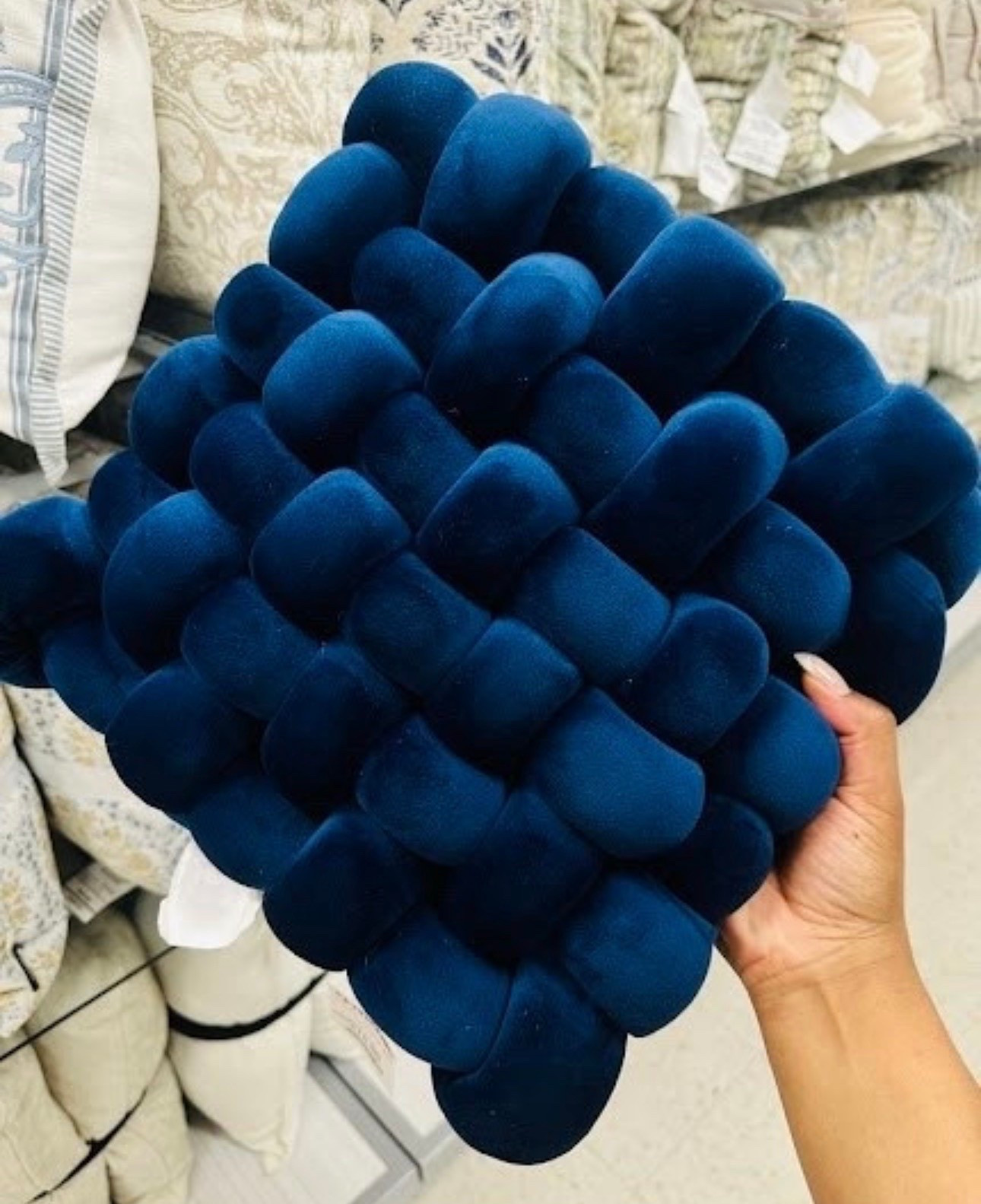 It’s all in the details! 💙 This deep navy woven knot pillow adds the perfect pop of color and texture to any sofa or bed. That velvet finish is incredibly soft and looks so expensive.

#LTKHome