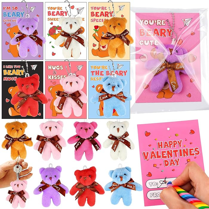 28 Pack Valentines Day Cards for Kids Classroom with Mini Bear Plush Toys Keychain Valentines Day... | Amazon (US)