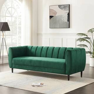 83.25 in. Modern Glam Straight Arm Velvet Rectangle 3-Seater Sofa in Emerald with Solid Birch Wood Legs | The Home Depot