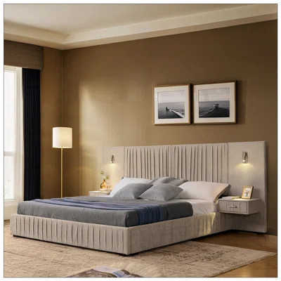Queen Chenille Upholstered Bed Frame With Side Table And LED Light | Wayfair North America