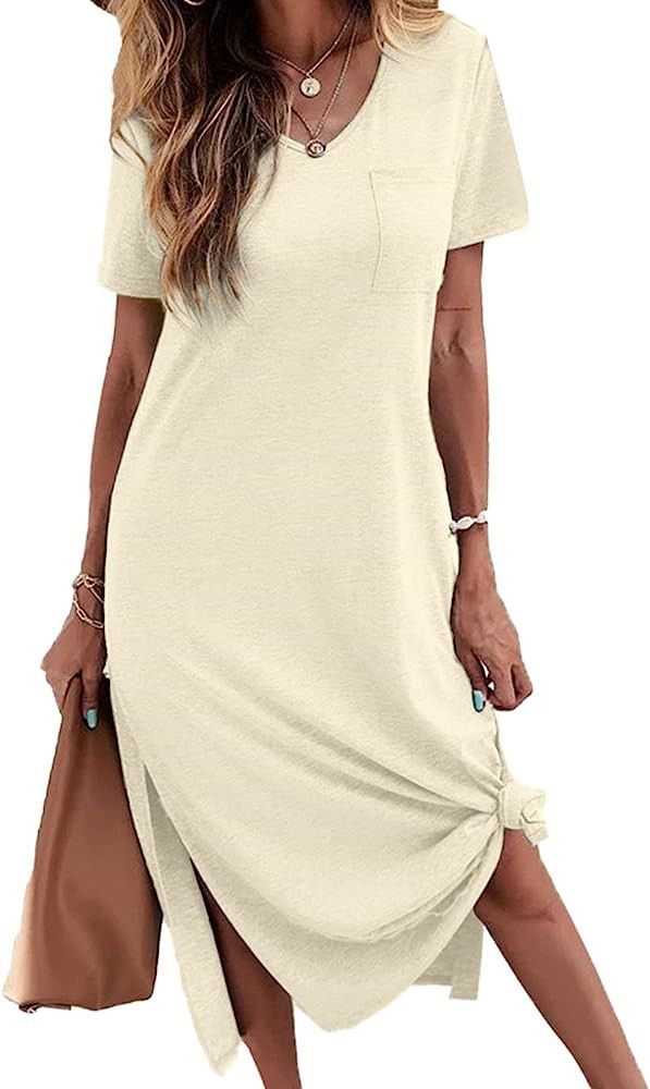 Dyexces Women Summer T Shirt Dress Casual Short Sleeve V Neck Maxi Dresses Loose Side Slit Long T... | Amazon (US)
