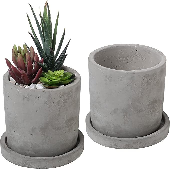 Set of 2 Modern 4-Inch Gray Unglazed Cement Succulent Planter Pots with Removable Saucer | Amazon (US)