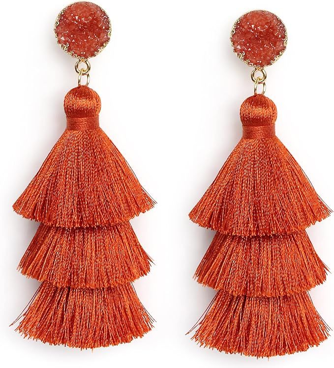 Me&Hz Women's Alloy Drusy Quartz Colorful Layered Tassel Dangle Drop Earrings, Birthday Christmas... | Amazon (US)