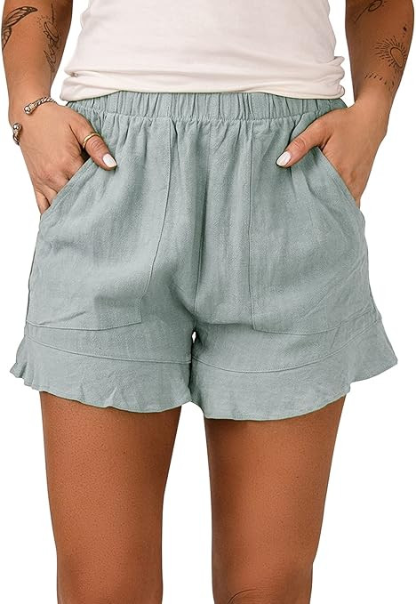 Dokotoo Womens Ruffle Hem Elastic Waist Solid Casual Shorts Pants with Pockets | Amazon (US)