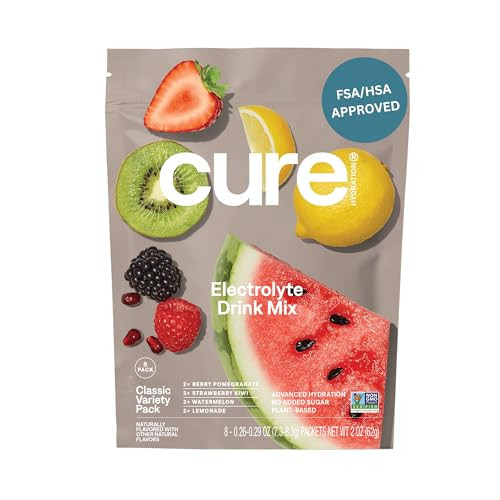 Cure Hydration | Plant-Based Electrolyte Drink Mix | No Added Sugar | FSA-HSA | Dehydration Relief Powder Made with Coconut Water | Non-GMO | Vegan | 8 Packets - Variety Pack | Amazon (US)
