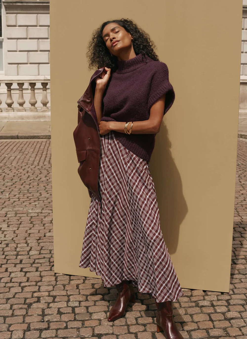 Burgundy Checked Midi Skirt | Mint Velvet