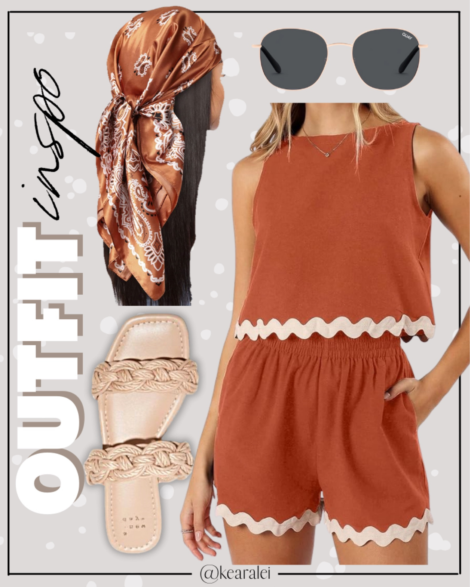 Vacation outfits resort wear spring break outfit beach outfit swim wear swimsuits Amazon target linen two piece set scalloped edge linen top and linen shorts rust tan brown with ivory cream trim and  braided sandals quay sunglasses  silk hair scarf boho outfits bohemian looks beach outfits || #swim #vacation #resort #springbreak #swimsuits #amazon #oldnavy #beach #sandals #sunglasses #scarf
.
.

Amazon fashion, teacher outfits, business casual, casual outfits, neutrals, street style, Midi skirt, Maxi Dress, Swimsuit, Bikini, Travel, skinny Jeans, Puffer Jackets, Concert Outfits, Cocktail Dresses, Sweater dress, Sweaters, cardigans Fleece Pullovers, hoodies, button-downs, Oversized Sweatshirts, Jeans, High Waisted Leggings, dresses, joggers, fall Fashion, winter fashion, leather jacket, Sherpa jackets, Deals, shacket, Plaid Shirt Jackets, apple watch bands, lounge set, Date Night Outfits, Vacation outfits, Mom jeans, shorts, sunglasses, Disney outfits, Romper, jumpsuit, Airport outfits, biker shorts, Weekender bag, plus size fashion, Stanley cup tumbler, Fitness Wear, Activewear, exercise outfit, workout leggings, sports bra, Lulu lemon, free people motion active athleisure Target, Abercrombie and fitch, Amazon, Shein, Nordstrom, H&M, forever 21, forever21, Walmart, asos, Nordstrom rack, Nike, adidas, Vans, Quay, Tarte, Sephora, lululemon, free people, j crew jcrew factory, old navy Home decor, playroom, pantry organization, Accent chair, Farmhouse decor, sectional sofa, entryway table, console table, sneakers, coffee table decor, laundry room, shelf decor, wall art, Nursery Ideas, Bathroom Decor, Bedroom Furniture, Living Room Furniture, home office, dining room, amazon home, Pantry Organizers, kitchen storage organizers

#LTKSpringSale #LTKstyletip #LTKswim