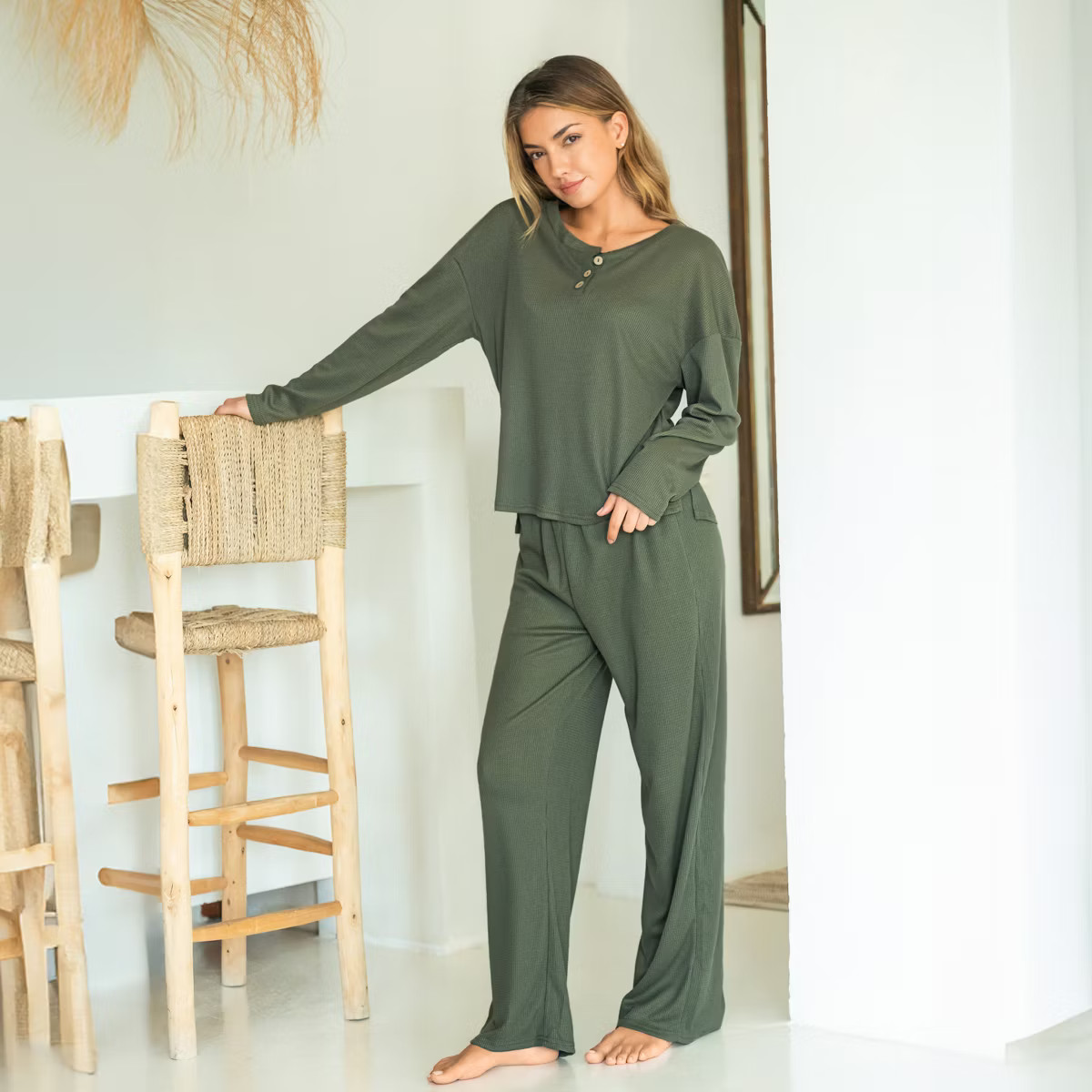 Women's Cozy Ribbed Knit Olive Green Loungewear Pajama Set - Cupshe | Target