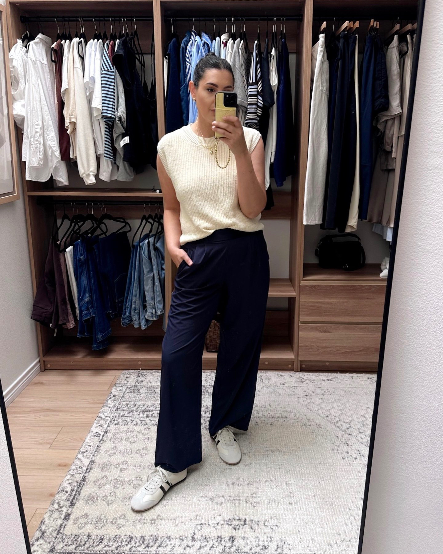 I’m so excited because these pants are back in stock! They sold out so quickly last month when I featured them but they’re back1 They are an activewear material with a wide band elastic waist. They have a wide leg fit, so if you like the idea of the barrel pants but not into the shape, this is a great alternative to that! I am in the large, they’re a loose fit.

This sleeveless sweater tank is also back in stock! This is one of my favorites from last fall. I am in the large and I find it runs a touch small, so this is the right size for me. I love that I can wear it right now or layer it over a top later on in the season. This is a cotton - linen blend. 

 