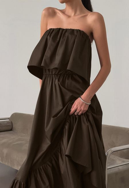 Easy Elegance Flap Strapless Ruffled Cotton Maxi Dress in Dark Brown for Outdoor Parties & Casual... | Chicwish