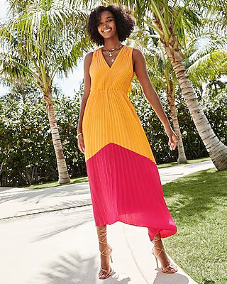 Satin Pleated Color Block Maxi Dress | Express