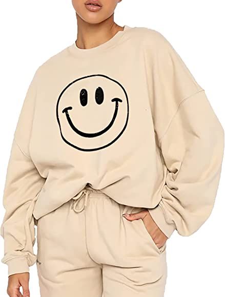 Cioatin Women’s Oversize Fleece Smile Graphic Sweatshirt Crewneck Drop Shoulder Loose Fit Pullo... | Amazon (US)