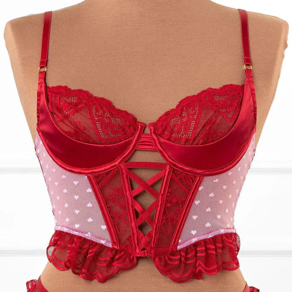 Satin & Scalloped Lace Underwire Bustier - Red | Mentionables