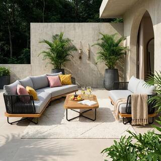 Delling 4-Piece Solid Wood Patio Conversation Set with Gray Rope and Gray Cushions | The Home Depot