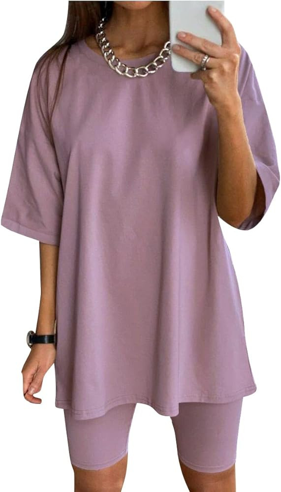 Glamaker Women 2 Piece Outfit sets Casual Oversized T-Shirt Tops Biker Shorts Workout Sports Trac... | Amazon (US)