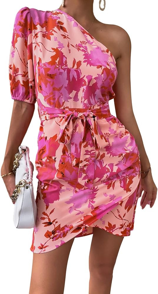 WDIRARA Women's Floral Print One Shoulder Puff Sleeve Belted Wrap Hem Dress | Amazon (US)