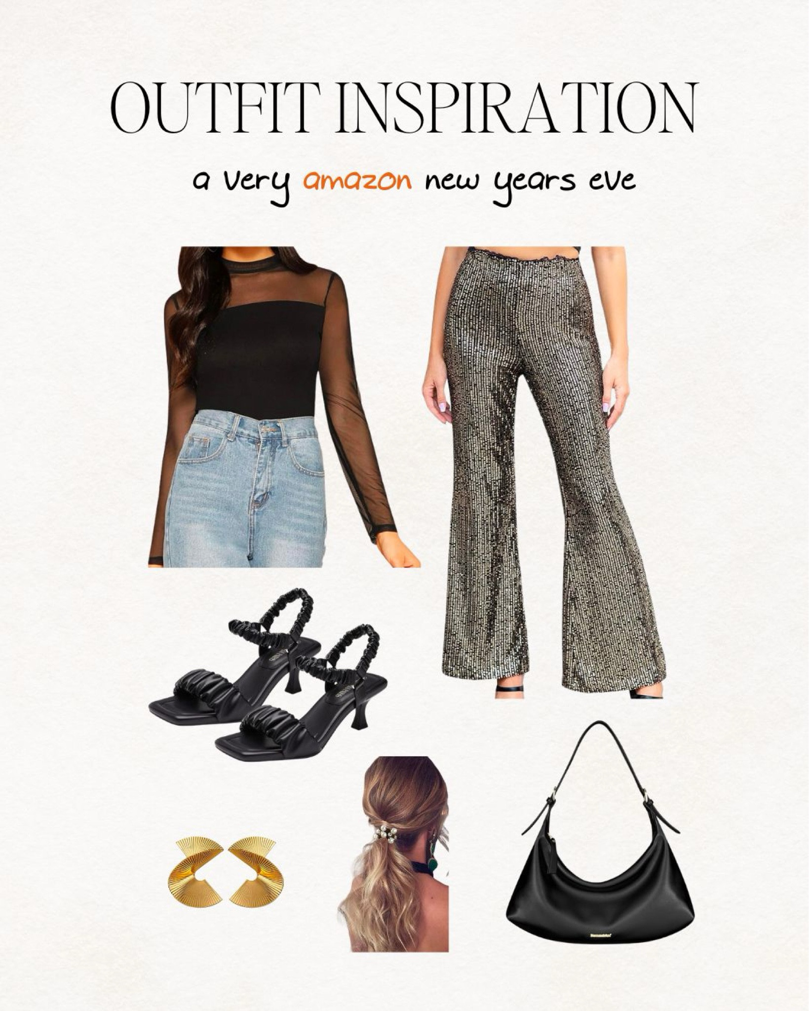 new years eve outfit, new year, black top, sparkly pants, flared pants, leggings, black heels, short heels, purse, pocketbook, gold earrings, statement earring, hair tie, pearl hair, hair accessories, hair accessory 

#LTKHoliday #LTKSeasonal #LTKfindsunder50