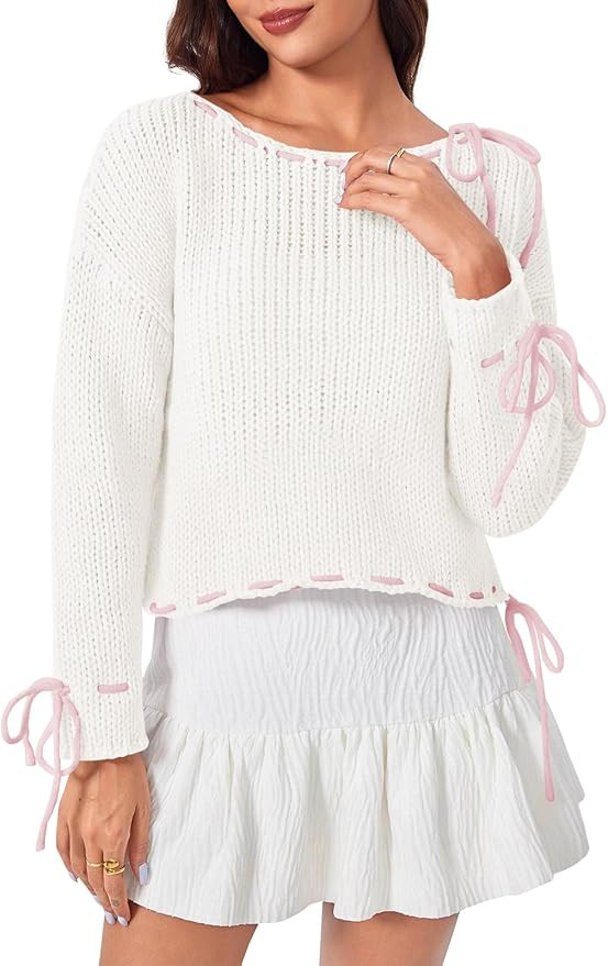 Saodimallsu Womens Bow Sweater Boat Neck Long Sleeve Y2k Cute Lace Up Loose Pullover Tops | Amazon (US)