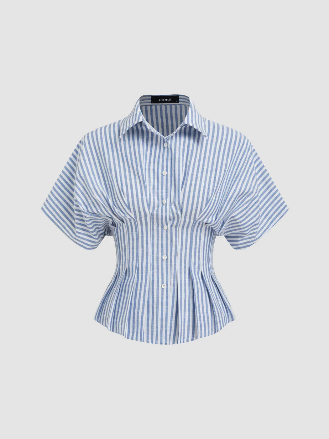 Cotton-blend Collar Stripe Pleated Cinched Waist Shirt | Cider