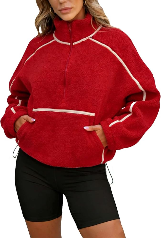Women's Fleece Jacket Long Sleeve Half Zip Pullover Fuzzy Sherpa Sweatshirt Contrast Outerwear wi... | Amazon (US)