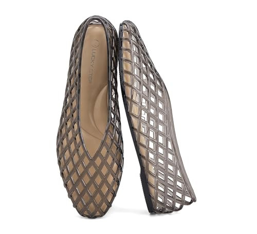 LUCKY STEP Women's Jelly Ballet Flats Mesh Casual Comfortable Jellies Shoes Clear Hollow Breathable Sandals(9 M US Grey) | Amazon (US)