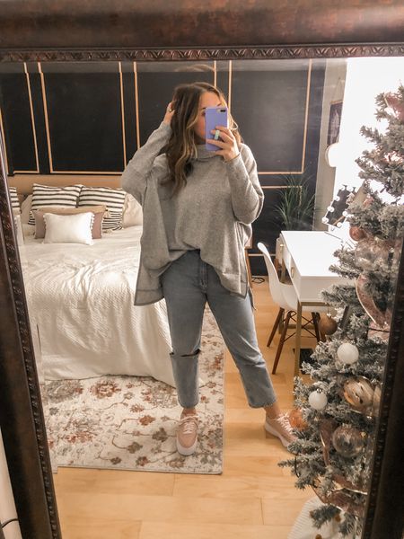 Gray cowl neck sweater, BEST Abercrombie jeans, blush pink air force ones 🤍 Bedroom decor, simple and clean! Cheap flocked 6ft  Christmas tree! 

#LTKshoecrush #LTKstyletip #LTKhome