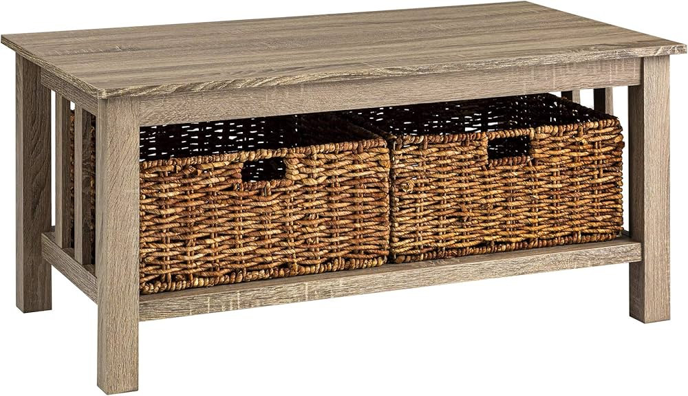 Walker Edison Alayna Mission Style Two Tier Coffee Table with Rattan Storage Baskets, 40 Inch, Dr... | Amazon (US)