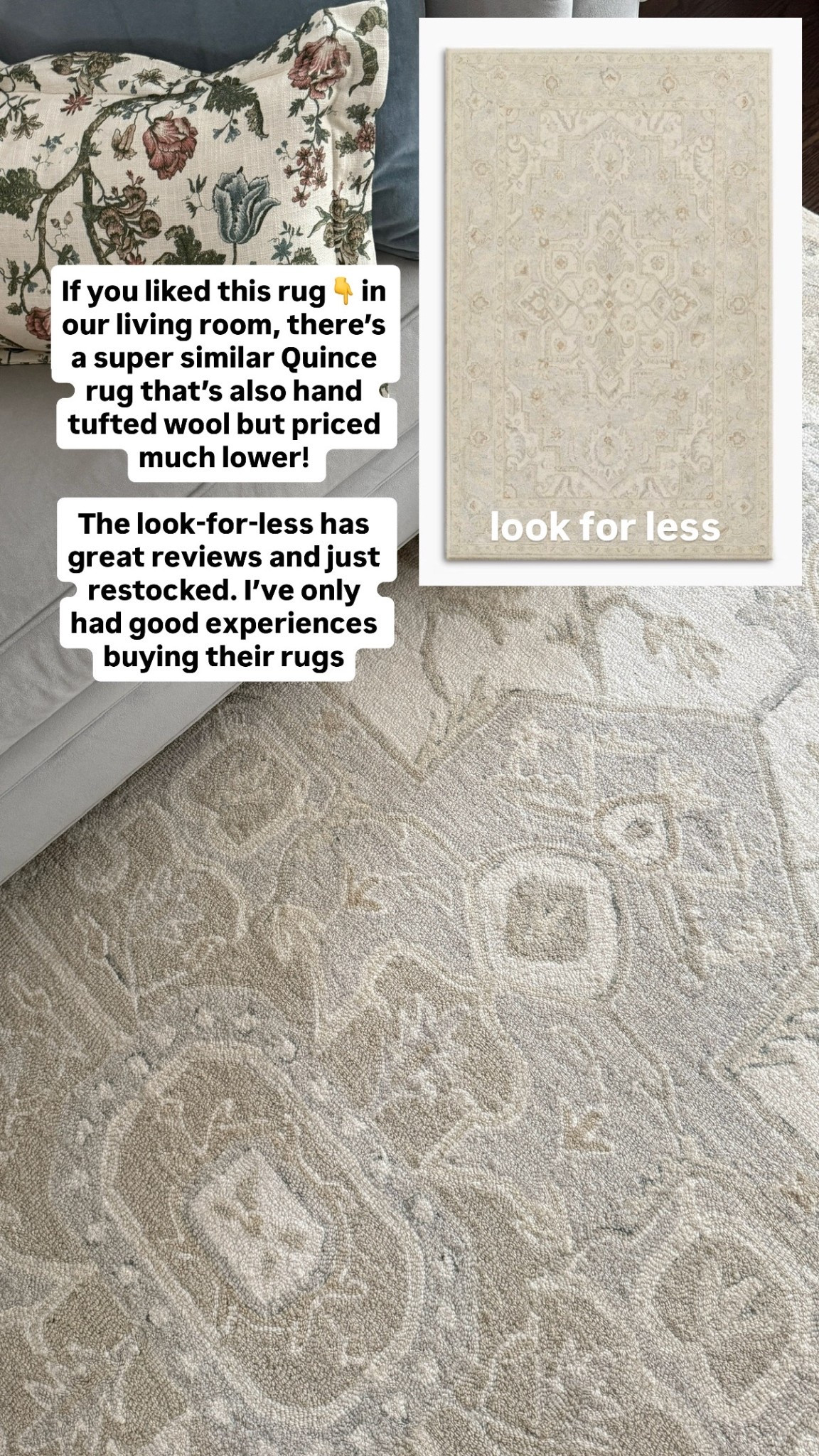 Our rug is Lauren Ralph Lauren, which is linked under exact

Super similar Quince Albany rug in light blue is linked under “similar” and is a great value in comparison, especially the larger sizes

I have been watching this version and it just came back into stock today after being sold out for months! I have only had good experiences buying Quince rugs. You can see the other ones we own if you search my Ltk.

Both are hand tufted wool. From the photos they look extremely similar!

Living room rug , neutral bedroom rugs

#LTKHome