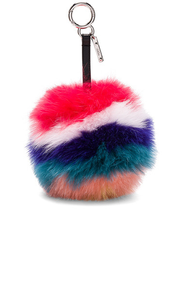Fendi Rainbow Fox Fur Pom Pom Charm in Stripes, Purple, Pink, Blue. | FORWARD by elyse walker