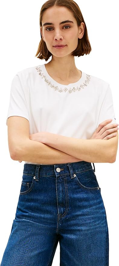 Tommy Hilfiger Women's Short Sleeve Cotton Crew Neck T-Shirt with Collar Embellishment | Amazon (US)