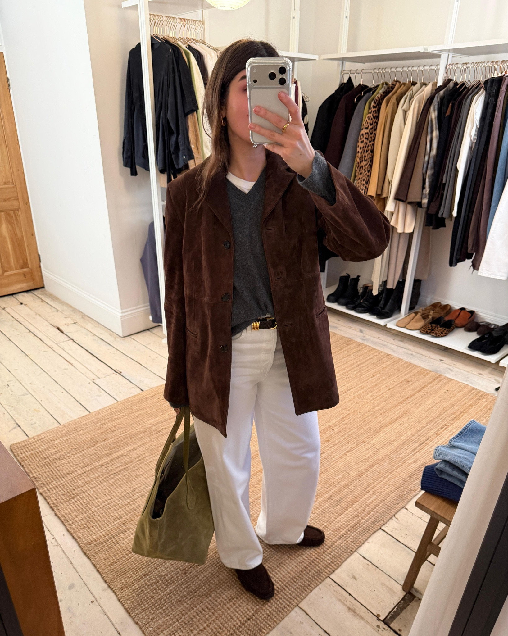 Chocolate brown suede, grey and white. Old Arket blazer, & Daughter Tahra Jumper and Liffner Sprout Tote Bag, similar linked below 

 #LTKwinter #LTKstyletip