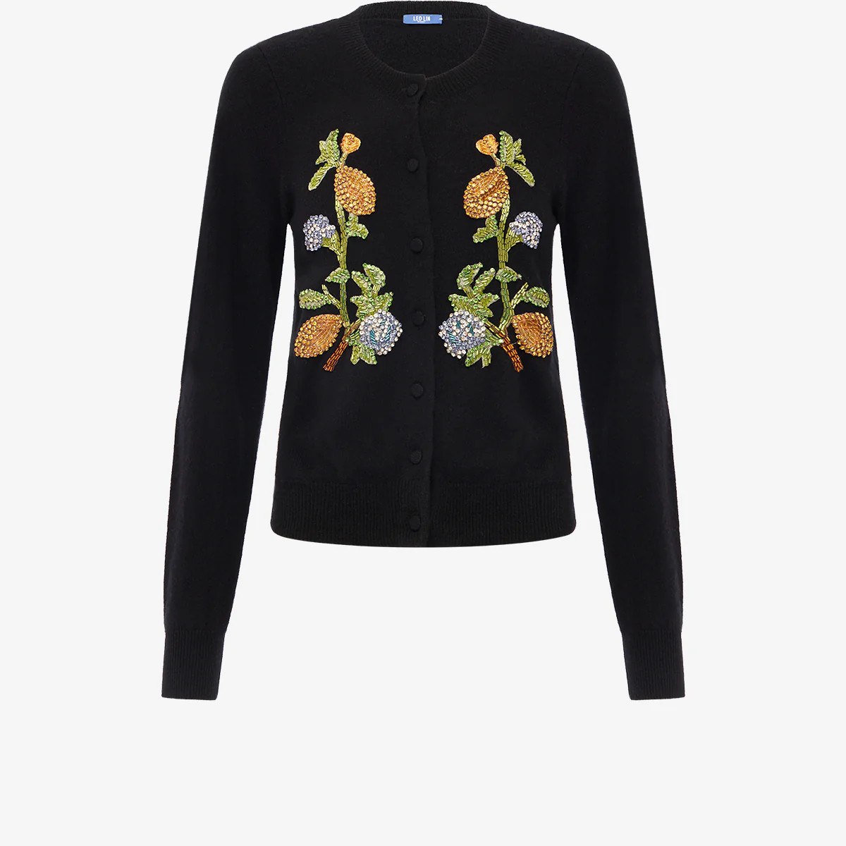 Claire Embellished Knit Cardigan - Lemon Vine Print in Ebony | LEO LIN US