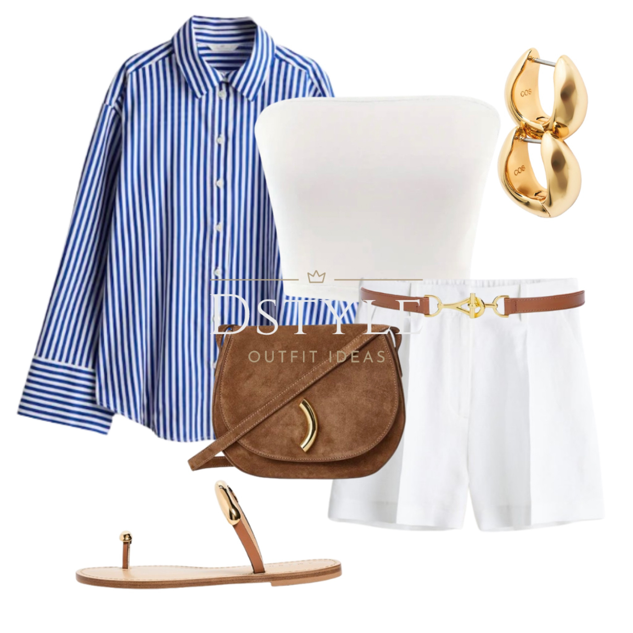 Bright blue striped linen-blend shirt, white top, white linen-blend shorts, brown flat sandals, slide sandals, suede bag in chestnut color-currently 30% OFF

#LTKSaleAlert #LTKStyleTip #LTKItBag