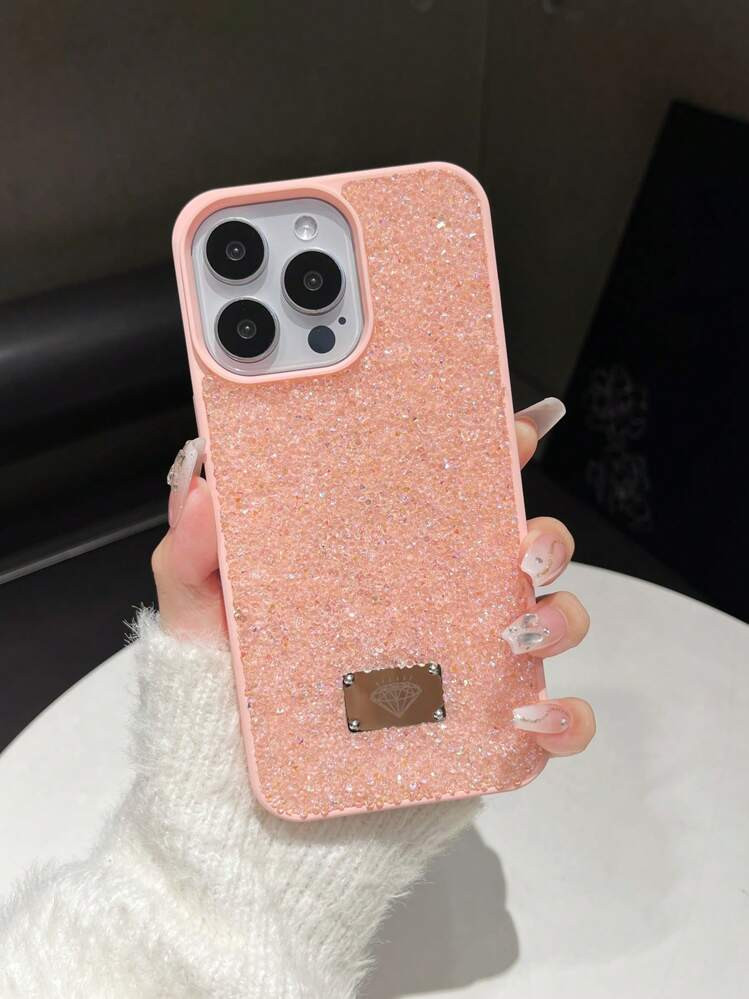 1pc pink skin texture full diamond shiny rhinestone phone cover | SHEIN