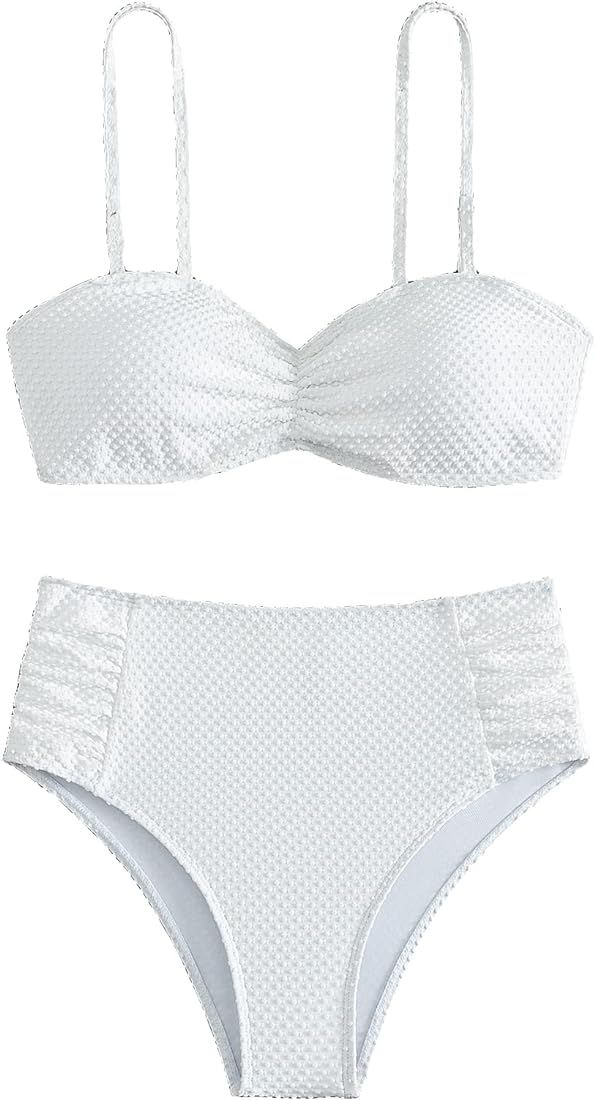 MakeMeChic Women's 2 Piece Bathing Suits Tie Back Ruched High Waisted Bikini Set Swimsuit | Amazon (US)