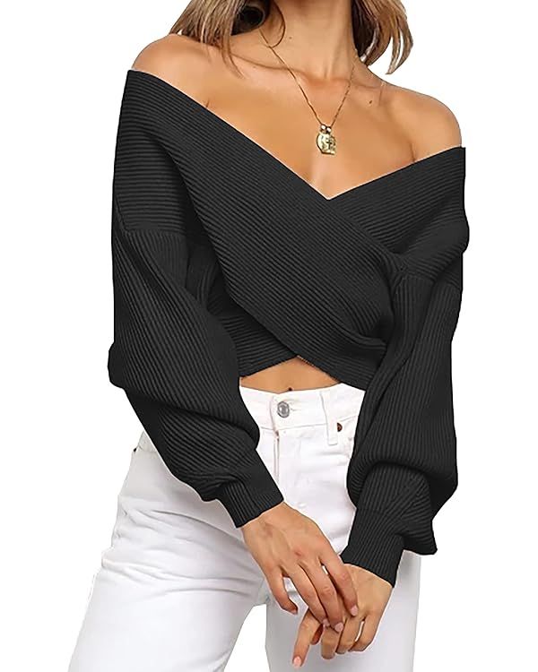 BTFBM Women Casual V Neck Long Sleeve Sweaters Cross Wrap Front Off Shoulder Asymmetric Hem Knitt... | Amazon (US)