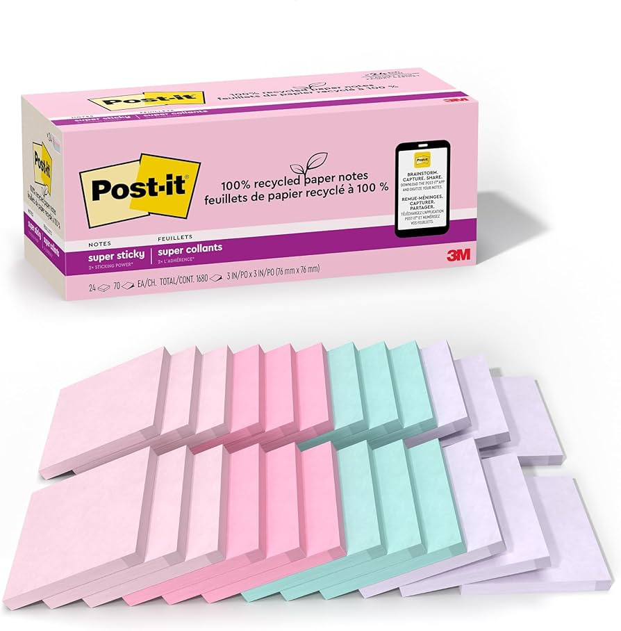Post-it 100% Recycled Paper Super Sticky Notes, 3 in. x 3 in., 24 Pads, 70 Sheets per Pad, Wander... | Amazon (US)