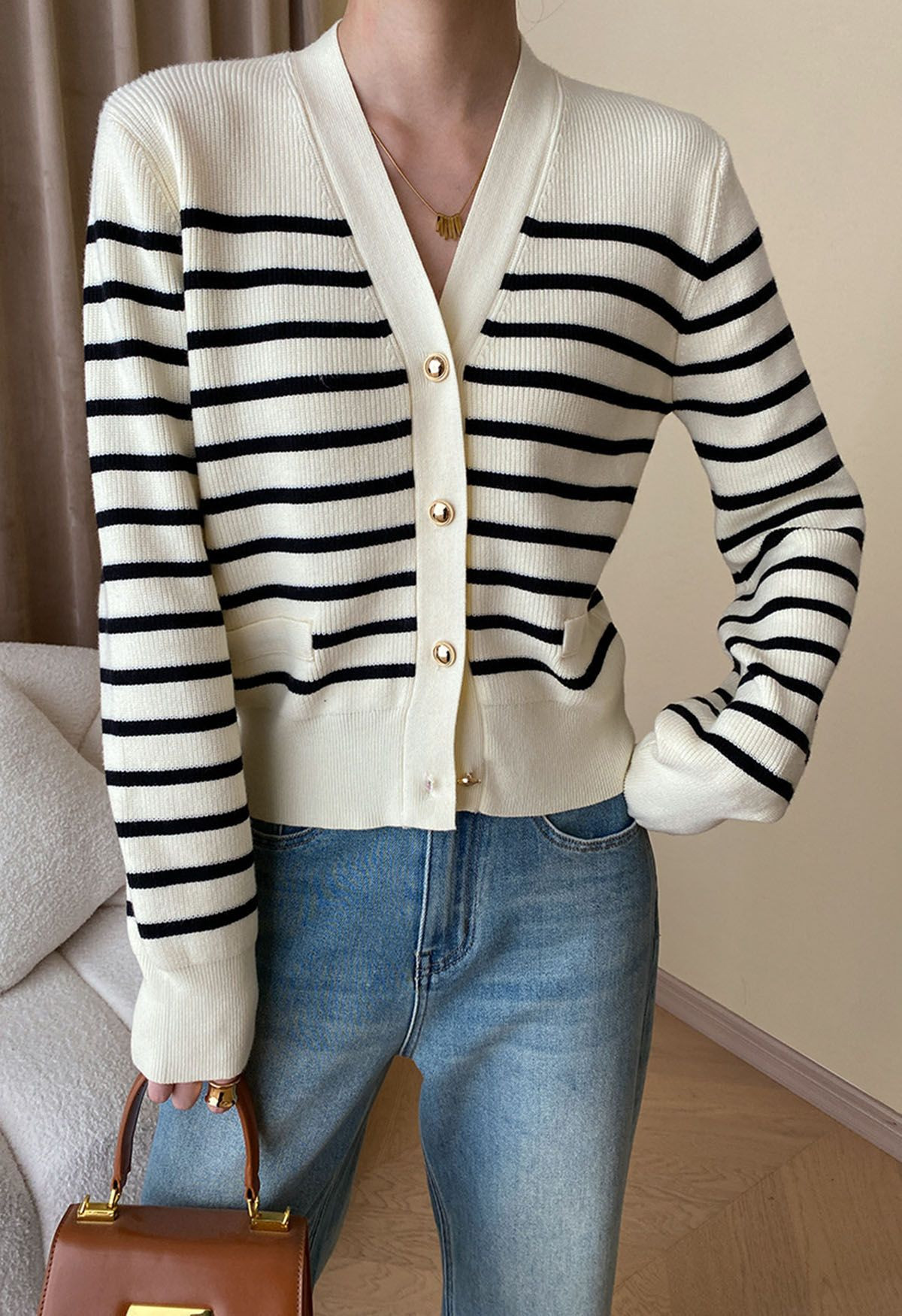 Stripe Pattern Button Down Knit Cardigan | Chicwish
