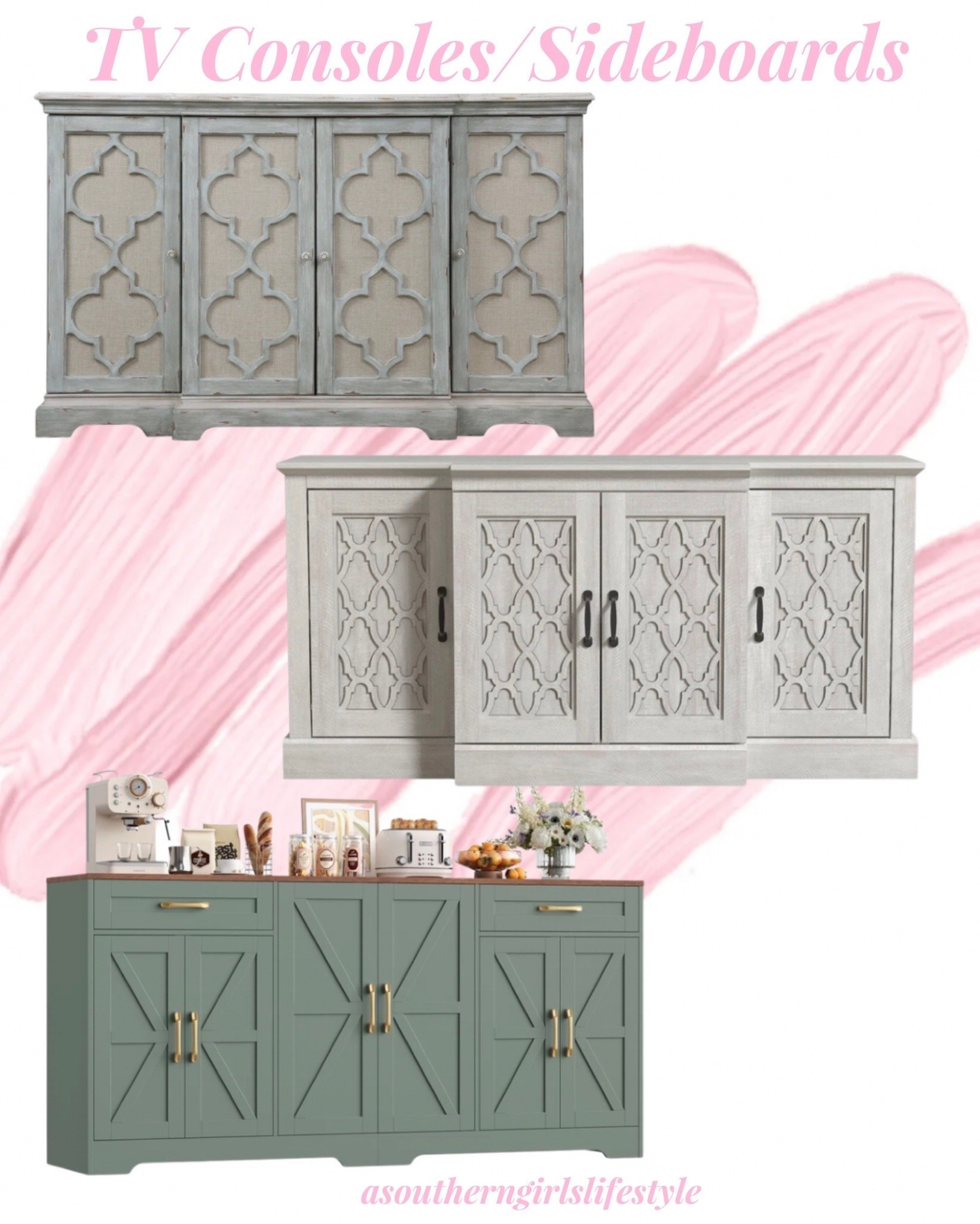 On the hunt for a New TV Console/Sideboard & am loving these! Shades of Grays & Greens

🤍60'' Sideboard
🤍59.1" Traditional Cutout 4 Door Dining Cabinet with Adjustable Shelves
🤍71'' Large Farmhouse Sideboard with Adjustable Shelves and 2 Large Drawers

TV Stand. Buffet. Home Decor. Home Decorations

#LTKHome #LTKSeasonal