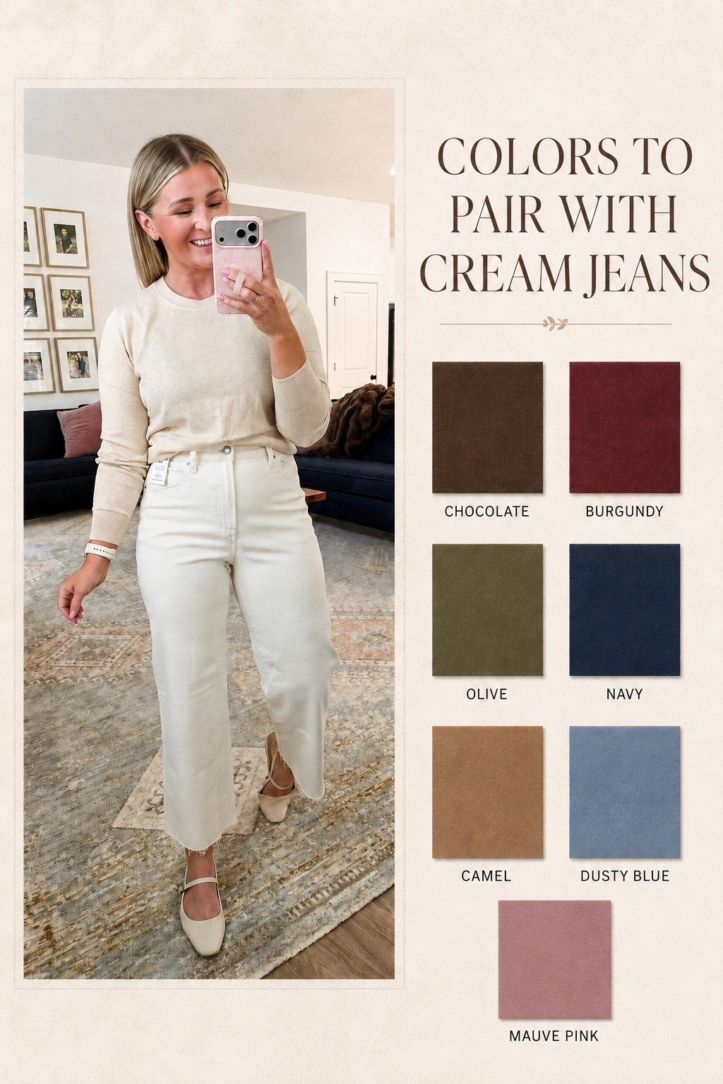Cream jeans are a versatile wardrobe staple that instantly makes an everyday outfit feel more elevated. Style them for fall with chocolate brown, burgundy, olive, navy, camel, dusty blue or mauve pink. Save this easy color guide for chic, wearable fall outfit ideas that are perfect for busy moms.

#LTKootd #LTKmomlife #LTKOver40