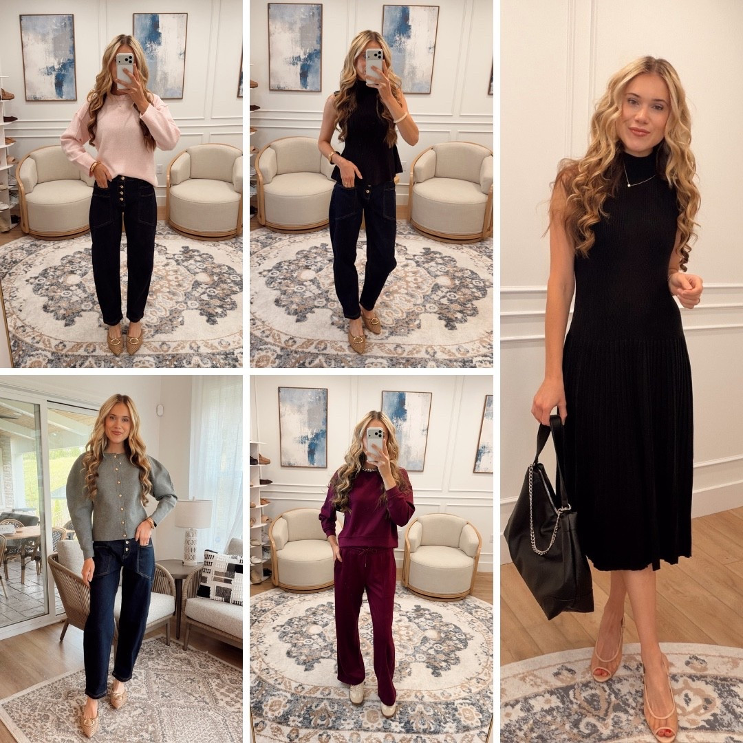 @Walmart  fall fits I'm loving 🍂 Pink sweater + denim, black top + denim, sage cardigan + denim, burgundy sweatshirt set, and a black pleated dress for date night.

True to size, all linked below!

#LTKootd #LTKSeasonal #LTKTall