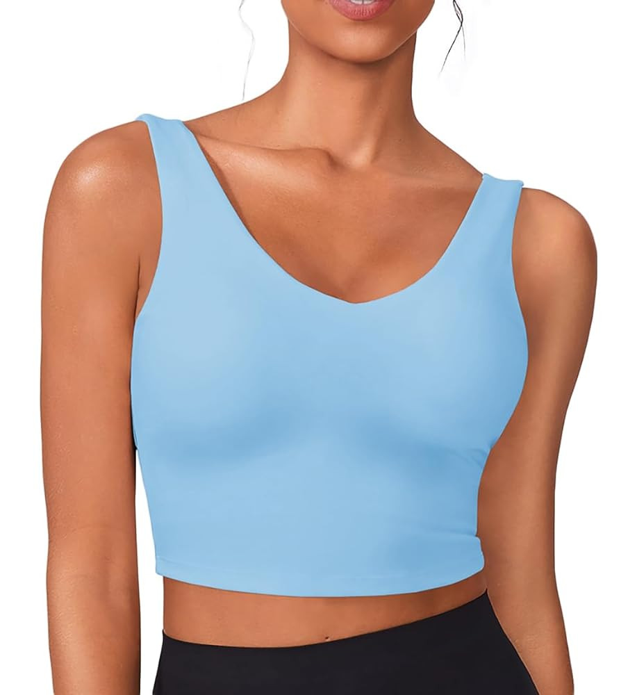 PINSPARK Sports Bras for Women Built in Bras Padded Yoga Bra V Neck Longline Workout Tank Tops wi... | Amazon (US)