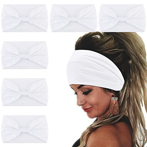 Wecoe 6 Pack White Wide Elastic Headbands - Fashion African Head Wrap Knotted Headbands for Wigs, Sports, Running, Workout, Yoga Hair Accessories | Amazon (US)