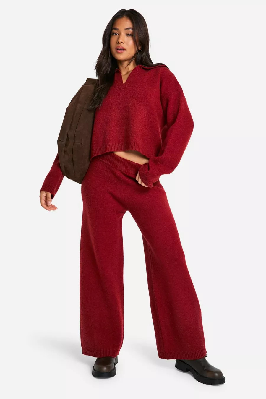 Petite Collared V Neck Sweater And Pants Two-Piece | boohoo (US & Canada)